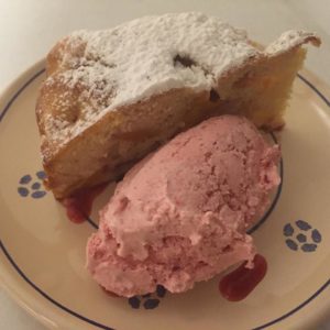 peach cake and raspberry ice cream
